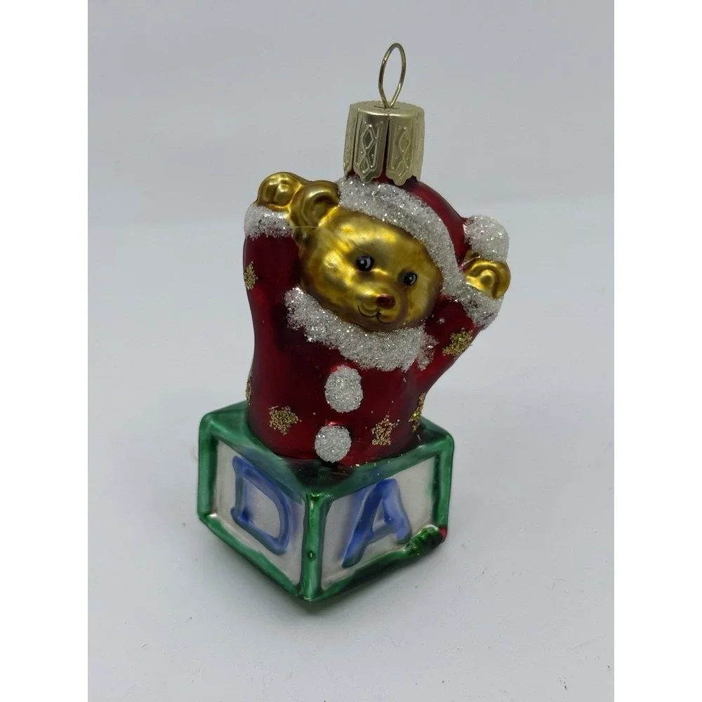 Teddy Bear On Letter Block Glass Christmas Ornament Santa